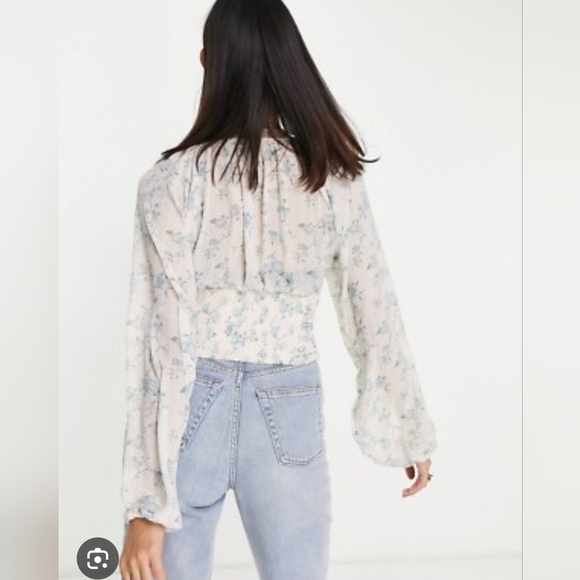 Free People Floral V-Neck Blouse - White and Blue - Picture 5 of 16